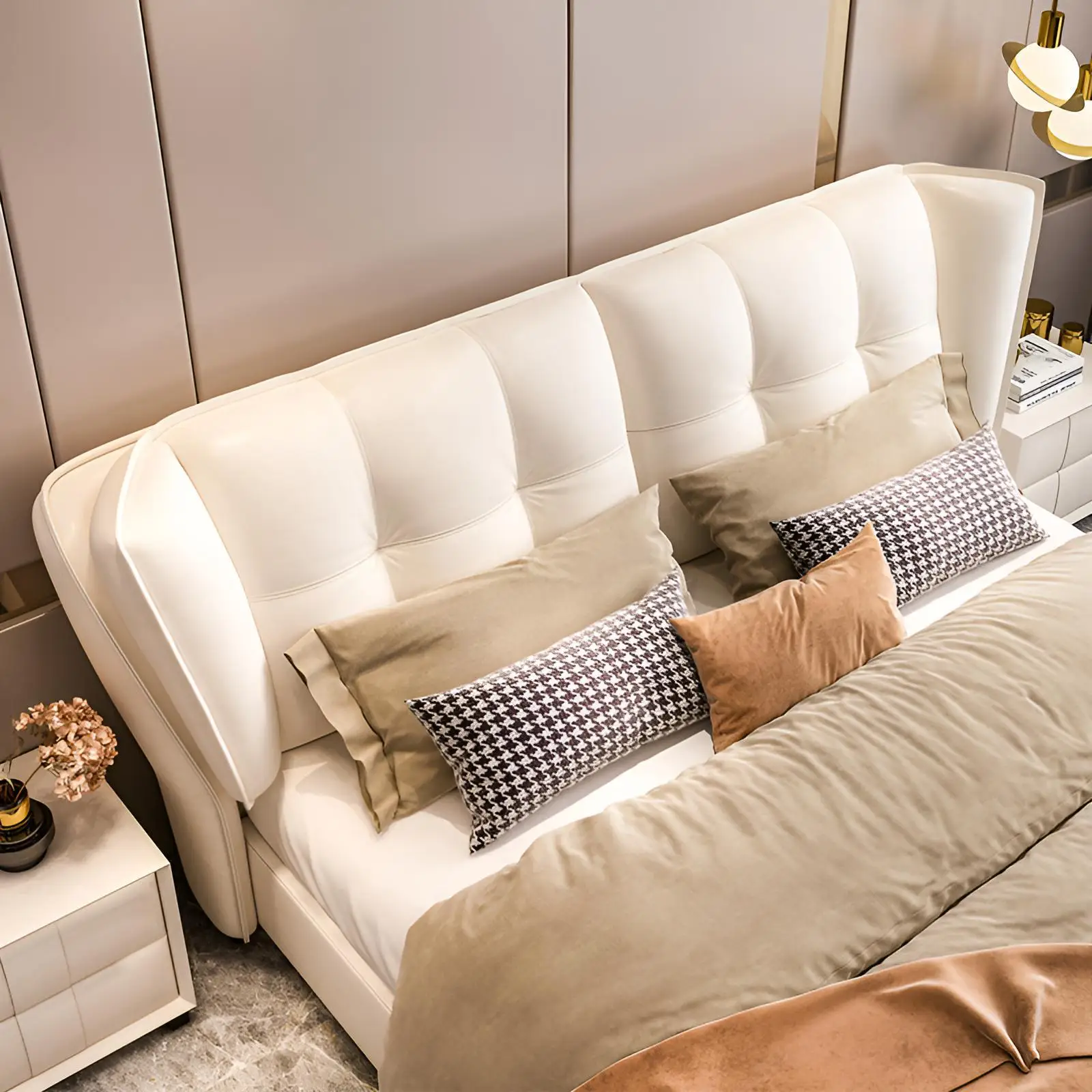 Letto matrimoniale in pelle, camera da letto principale, tessuto tecnologico di lusso leggero, letto vento color crema da 1,8 metri, contenitore moderno e semplice con borsa morbida