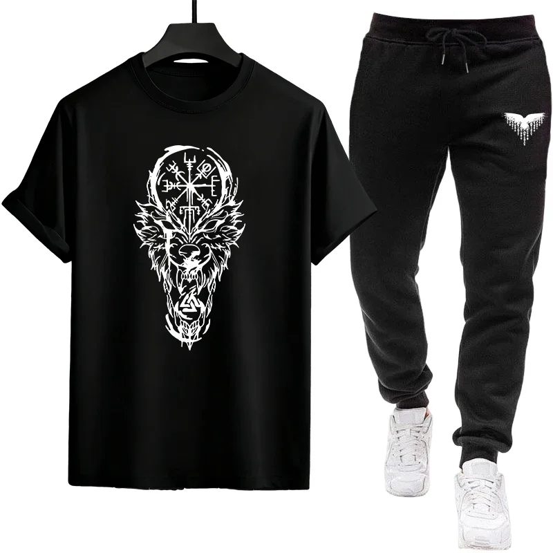 Spring Summer Daily Casual Fashion Short Sleeve Outfits Fashion Paris Print Tees Tracksuit Men's Set T-shirt and Sweatpants