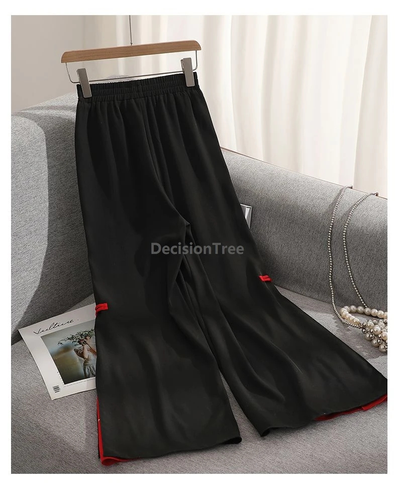 Plus Size Summer Women Embroidered Split Splicing Wide-Leg Pants Chinese-Style Buckle Tassel Straight-Leg Long Casual Pants