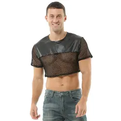 Sexy Mesh Transparent Men's T-Shirt Short Sleeve Fishnet Imitation Leather Fashion Men's Clothing Tops Tees Undershirts