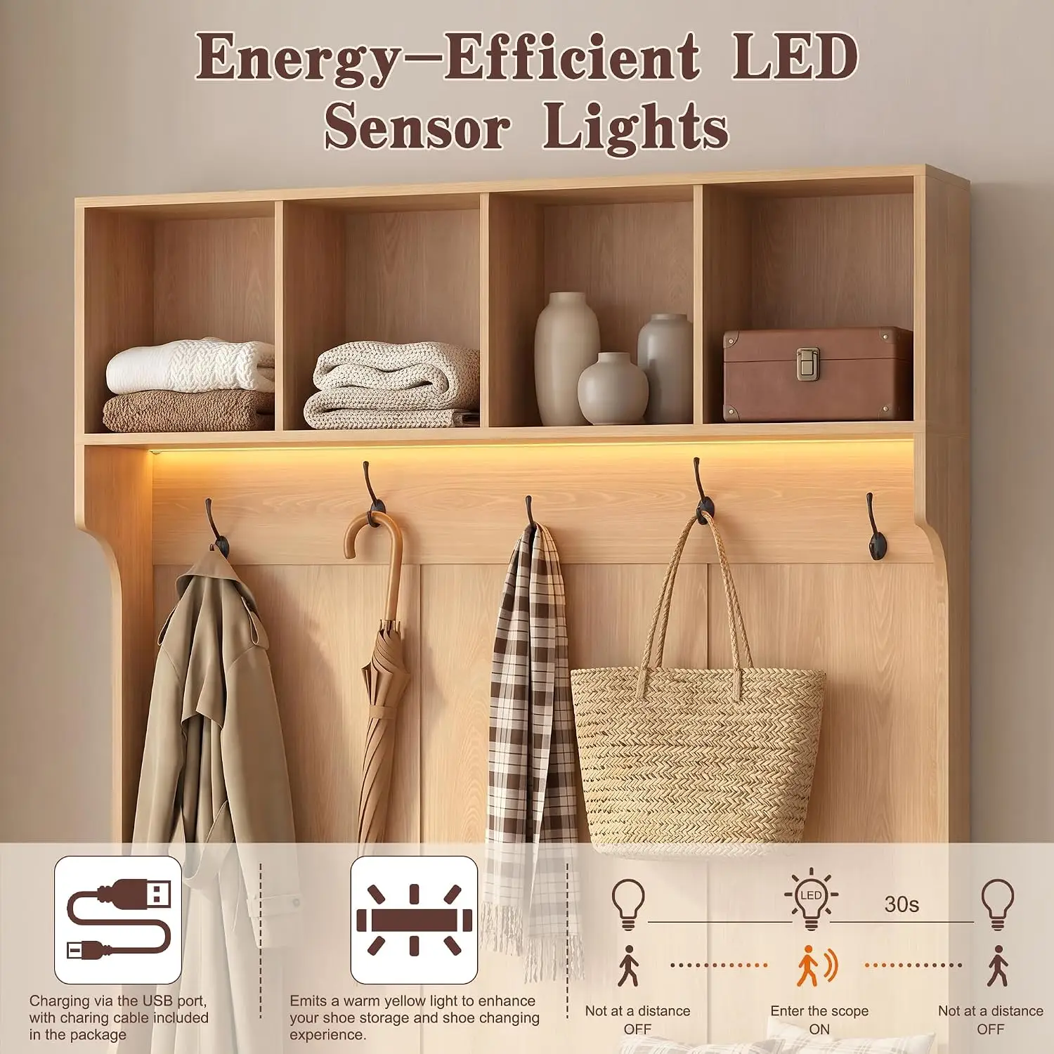 5-in-1 Hall Tree Bench & Shoe Storage LED Light OAK Entryway Coat Rack Hooks Cubes Shoe Cabinet Fluted Door , Customized