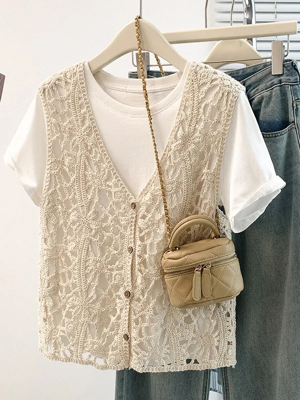 Bohemian Oversized Sleeveless Knitted Top Hollow out V-Neck Spring Summer Large Size Women's Outerwear Breathable Cotton Inner