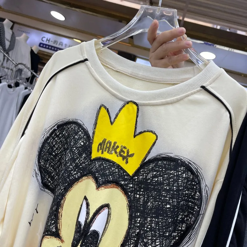 2025 Autumn New Heavy Beaded Cartoon Crew Neck Sweatshirt For Women's Loose Casual Pullover Top Long Sleeves Kawaii Y2k Sudadera