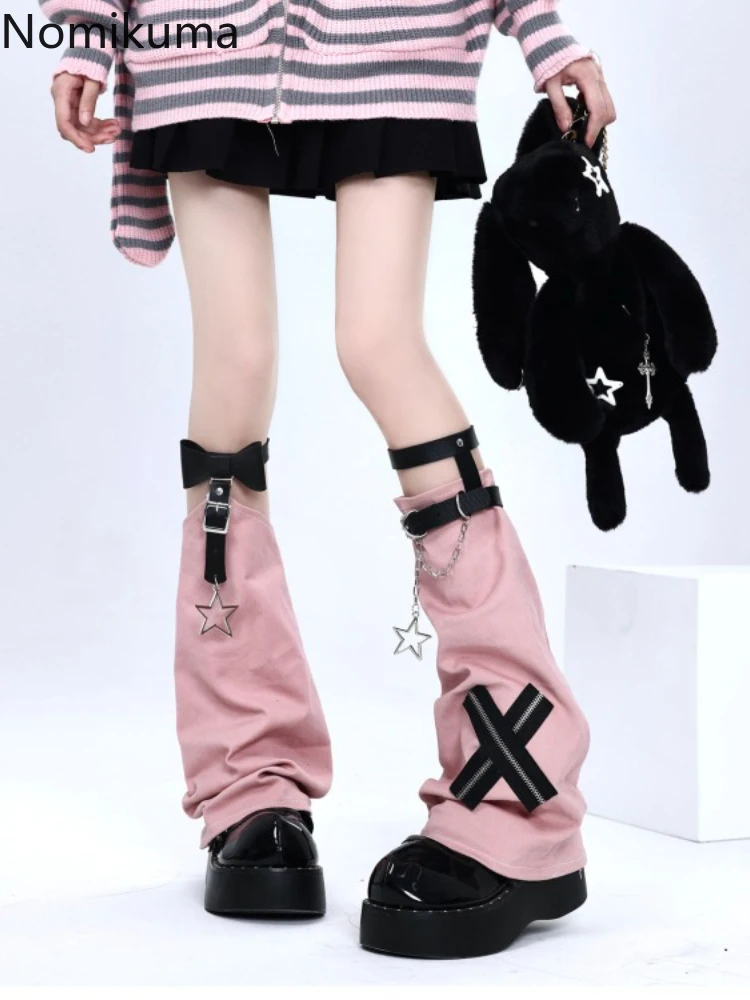 2025 Harajuku Y2k negro blanco rosa gris arco hebilla de cuero calentadores de piernas calcetines gótico Punk Cruz estrella cadena sólido Chic cubierta de pierna