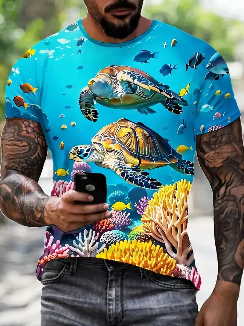 

Мужская футболка с короткими рукавами и 3D-принтом «Черепаха и коралловый узор» размера PLUS, свободная и повседневная, мягкая и удобная, дышащая