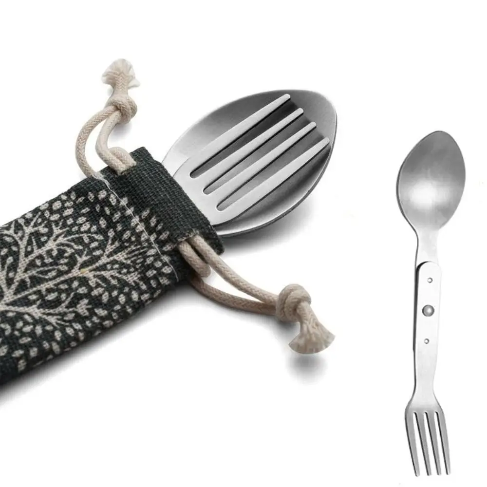 2-in-1 Foldable Fork Tableware Portable Silver Spoon & Fork Space-saving Camping Spoon Outdoor 304 Stainless Steel
