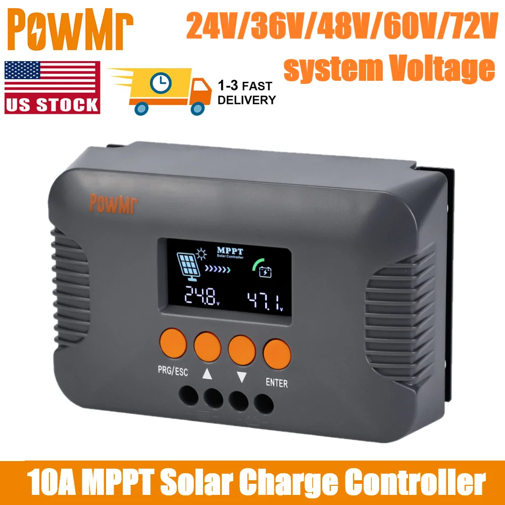 

Контроллер заряда солнечной батареи PowMr Boost 10A MPPT, подходит для высоковольтной батареи 24 В/36 В/48 В/60 В/72 В, 150 Вт-400 Вт, ЖК-дисплей фотоэлектрической мощности