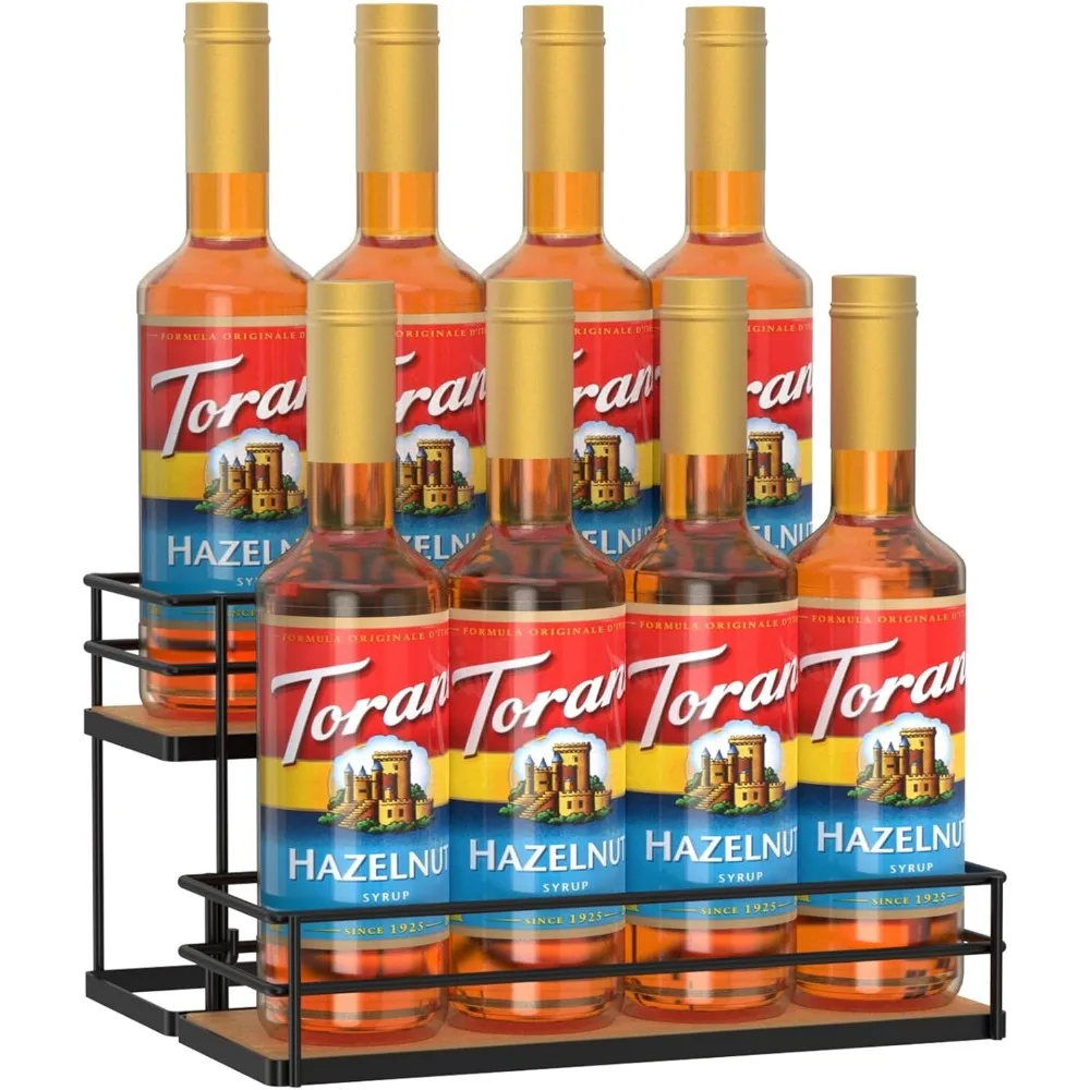 

2-Tier Coffee Syrup Rack Organizer Holds 8 Bottles, Sturdy Metal and Wood Stand for Kitchen or Bar
