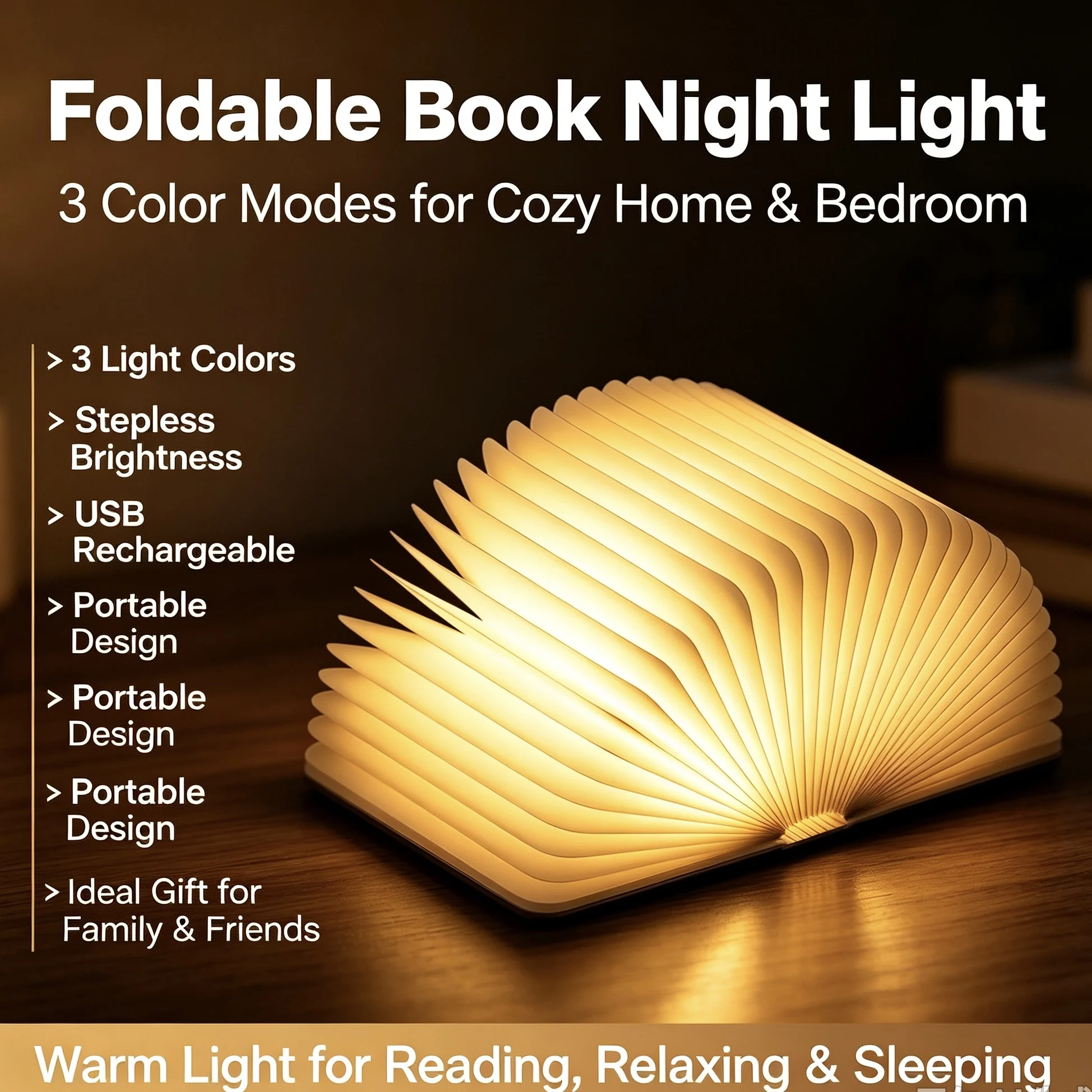 Wooden Folding Book Lamp USB Rechargeable LED Night Light 3‑Color Dimmable Creative Bedside Decor Home Bedroom Gift
