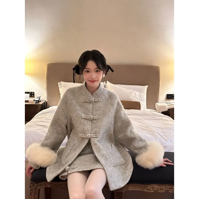 

YYAHAHAS Grey Woolen Cloth New Chinese Style Set, New Button Woolen Coat+short Skirt Two-piece Set Female Clothing