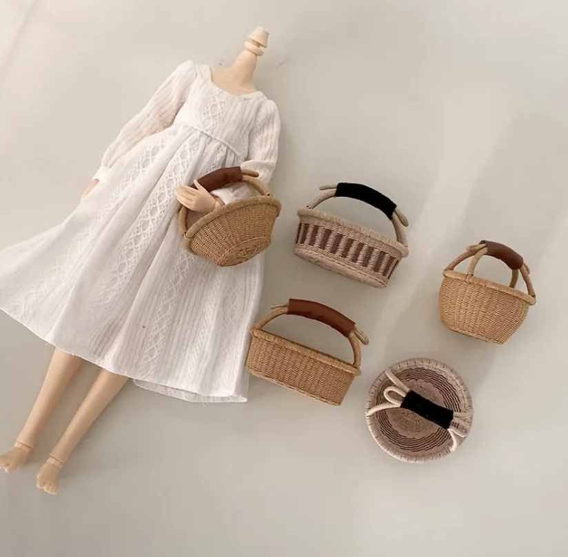 1/6 مصنوعات خوص مصغرة لبيت الدمى - سلة، سلة فواكه/خبز/زهرة، حقيبة، معلقة على الحائط، سلة أطفال |   الدعائم بيت الدمى الصغيرة