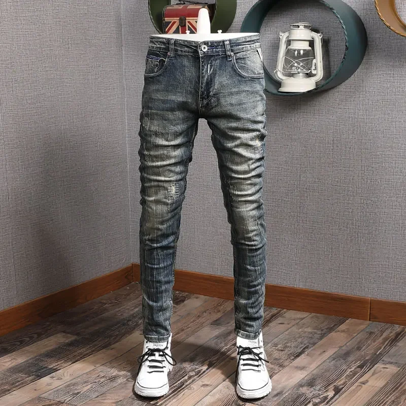 Italian Style Stretch Slim Fit Men's Jeans Nostalgic Washed Blue Straight Leg Pants Y2K Fashion Trend