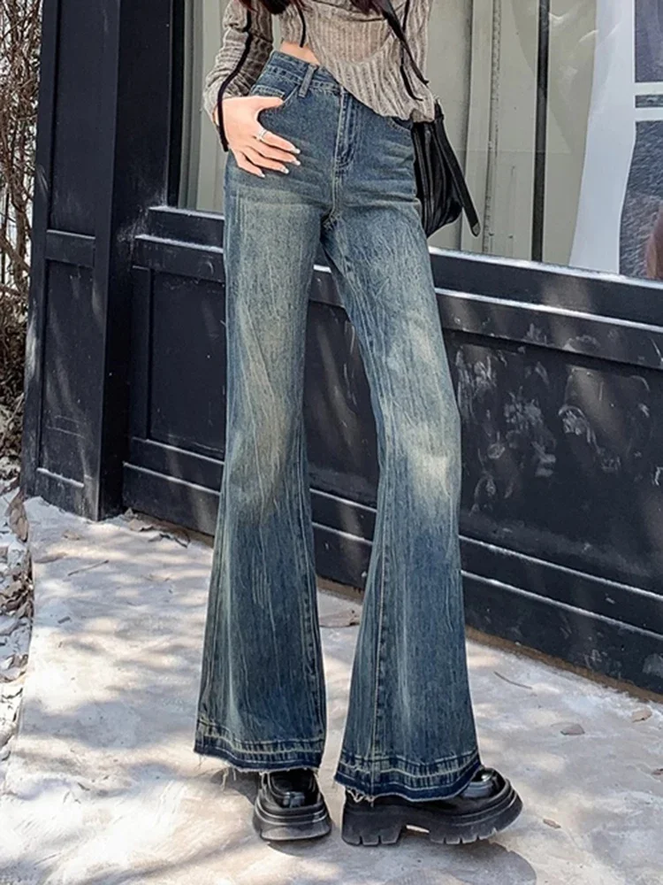 American Vintage chique flare jeans solto feminino, jeans casual, comprimento total clássico, moda simples, lavado, cintura alta, verão, novo