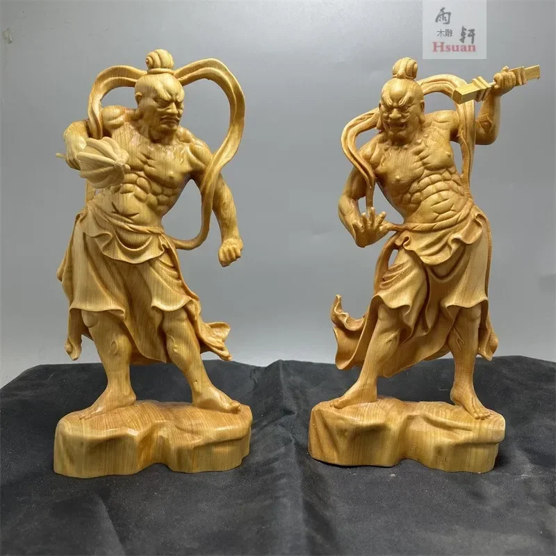 2pcs Chinese Heng Ha Two God Boxwood Feng Shui Wood Sculpture Door God Wood Buddha Statue Home Decor