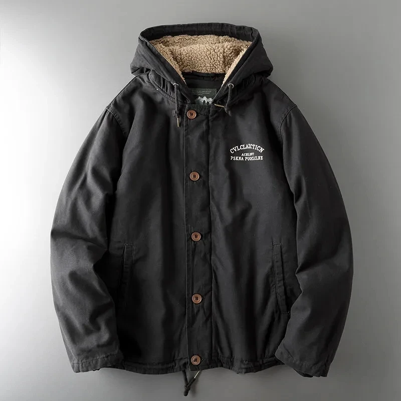 

American Style Tooling Cotton Jacket Men Hooded Lamb Wool Parkas Winter Warm Padded Coat Hombre Loose Outerwear Fashion Vintage