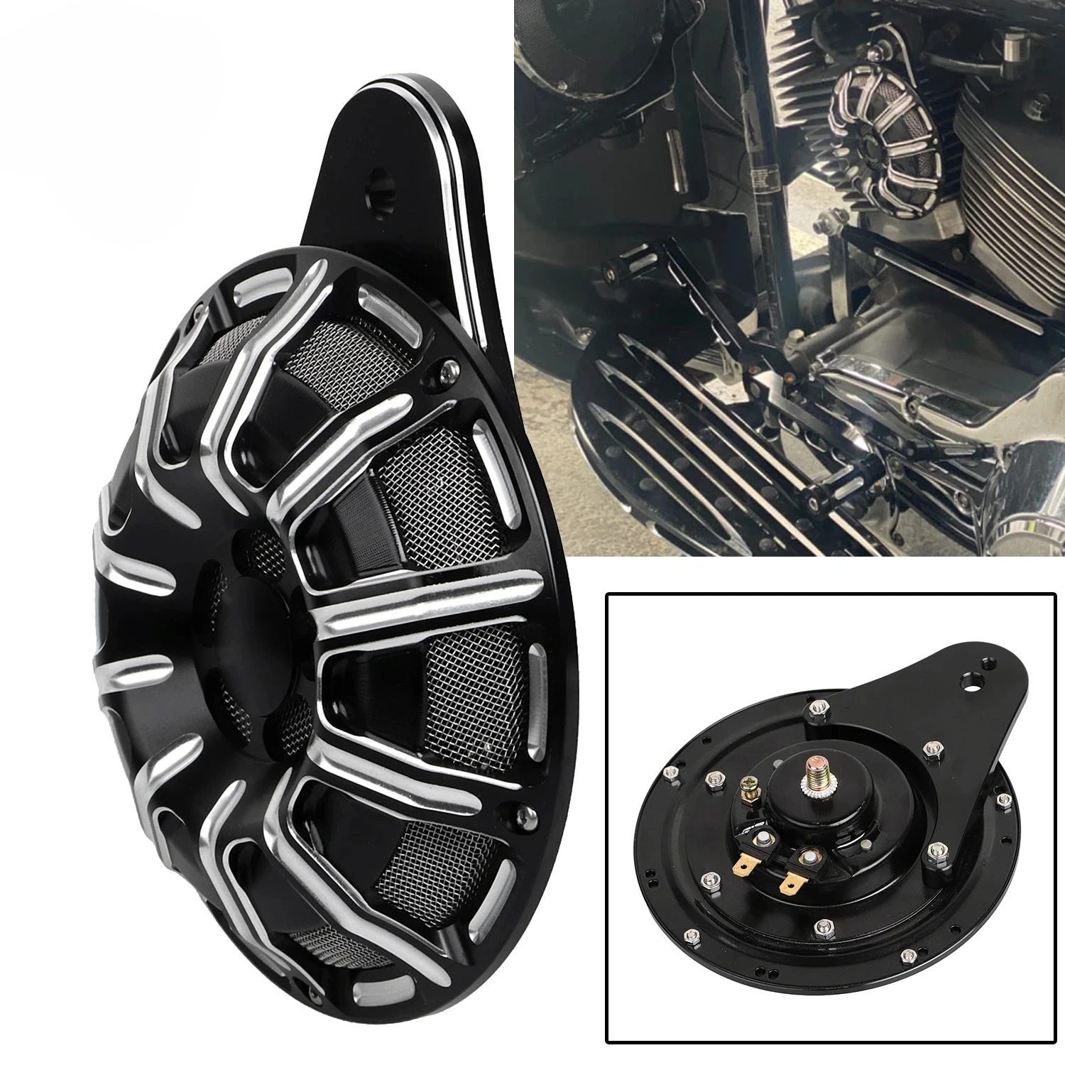 

For Harley Touring Big Twin Cam 1991-2023 Sportster XL 2007-UP Black Cut Motorcycle CNC Aluminum Horn Speaker Cover