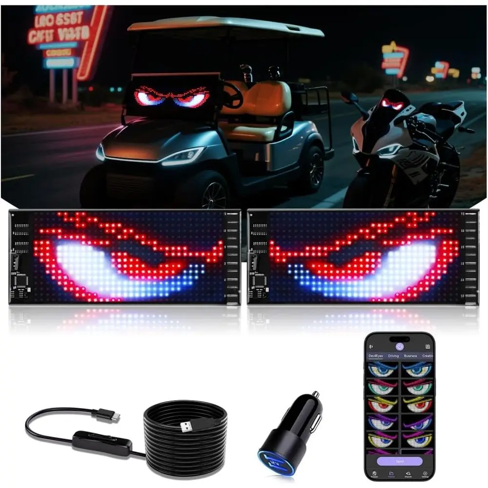 

Upgraded Dual-Screen Programmable LED Devil Eyes for Cars, Motorcycles, and Golf Carts - 7x3 Synchronized Windshield Display
