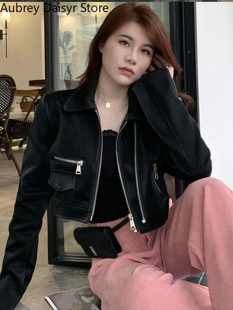 Black Cropped Leather Jacket Women Streetwear Moto Biker Zipper Leather Jacket Punk Winter Irregular Faux Fur Aviator Coat New