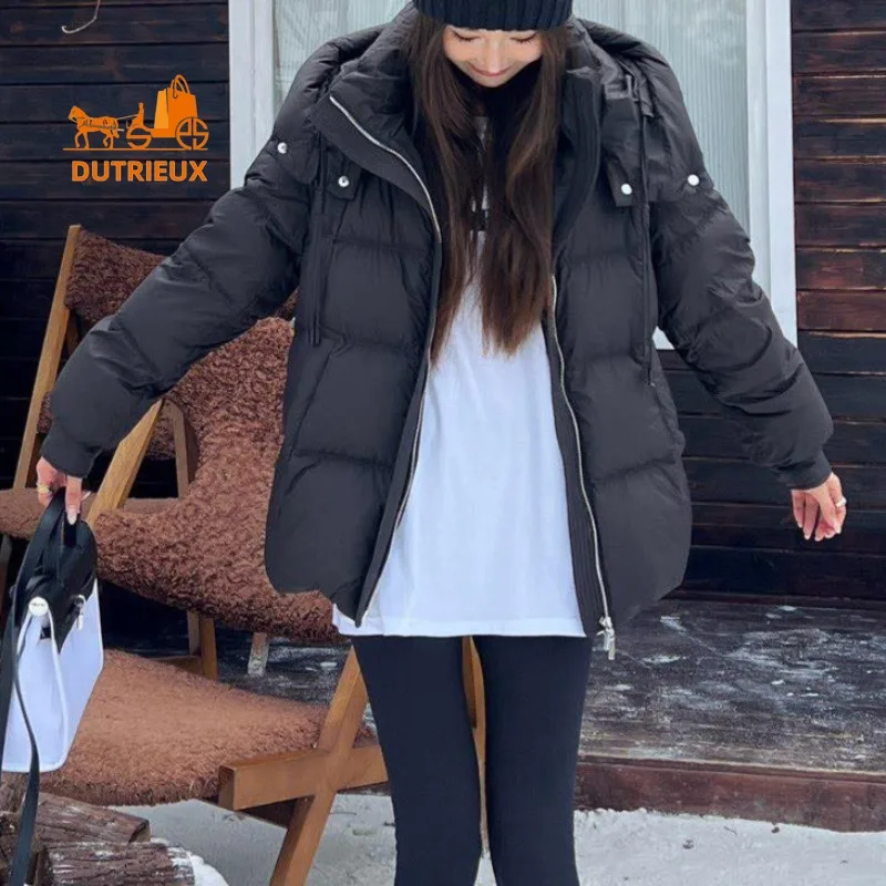 2025 inverno solto removível com capuz jaqueta de comprimento médio para mulher, 90% pato branco para baixo moda quente e casaco elegante para mulher