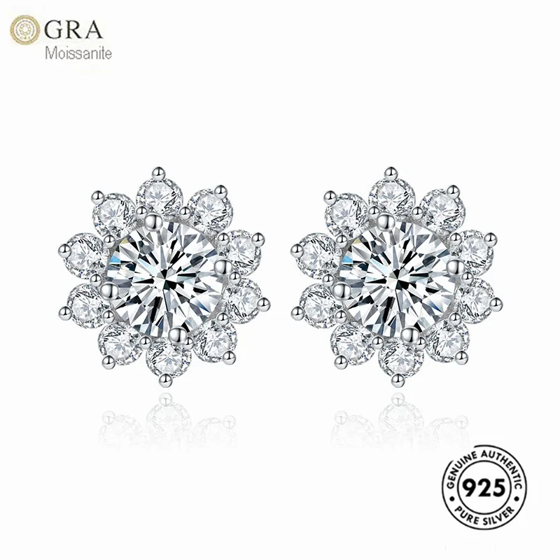 Anting Fashion jelas mewah 0.3ct Moissanite pakaian sehari-hari Solid 925 murni perhiasan perak kancing bunga pengiriman Drop