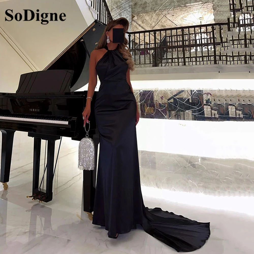 

SoDigne Arabic Black Evening Dress For Women Formal Mermaid Prom Dress With Cape Criss Cross Halter 2024 Wedding Party Dress