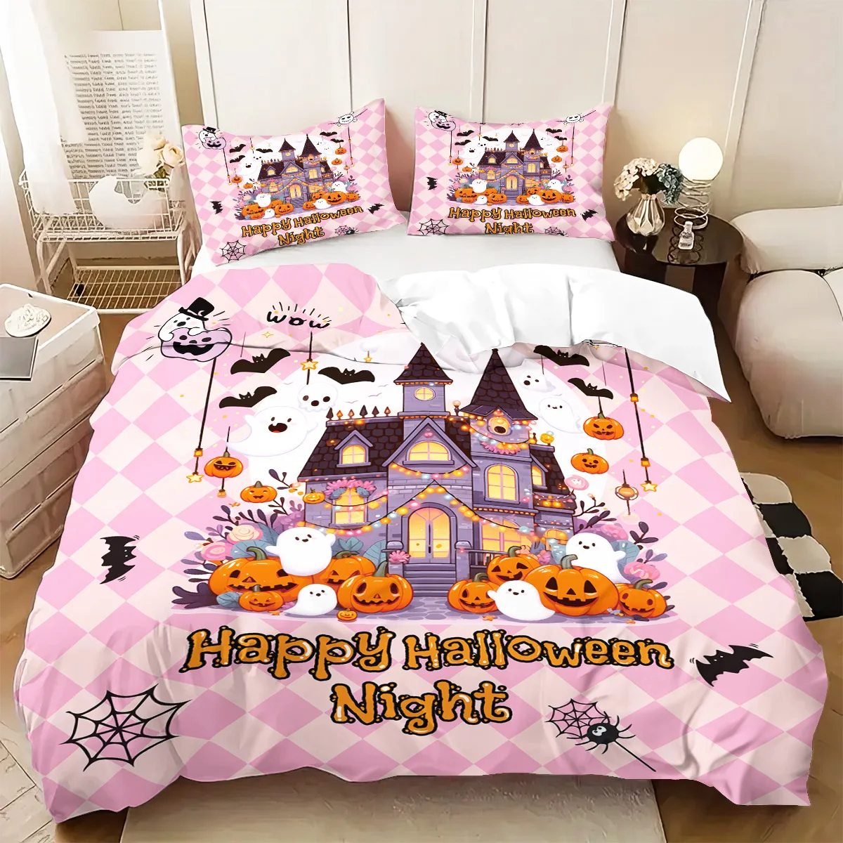 

Happy Halloween Bedding Set 3D Printed Duvet Cover Set Skin-Friendly Single Twin Double Size Bedroom Decor Halloween Decor Gifts