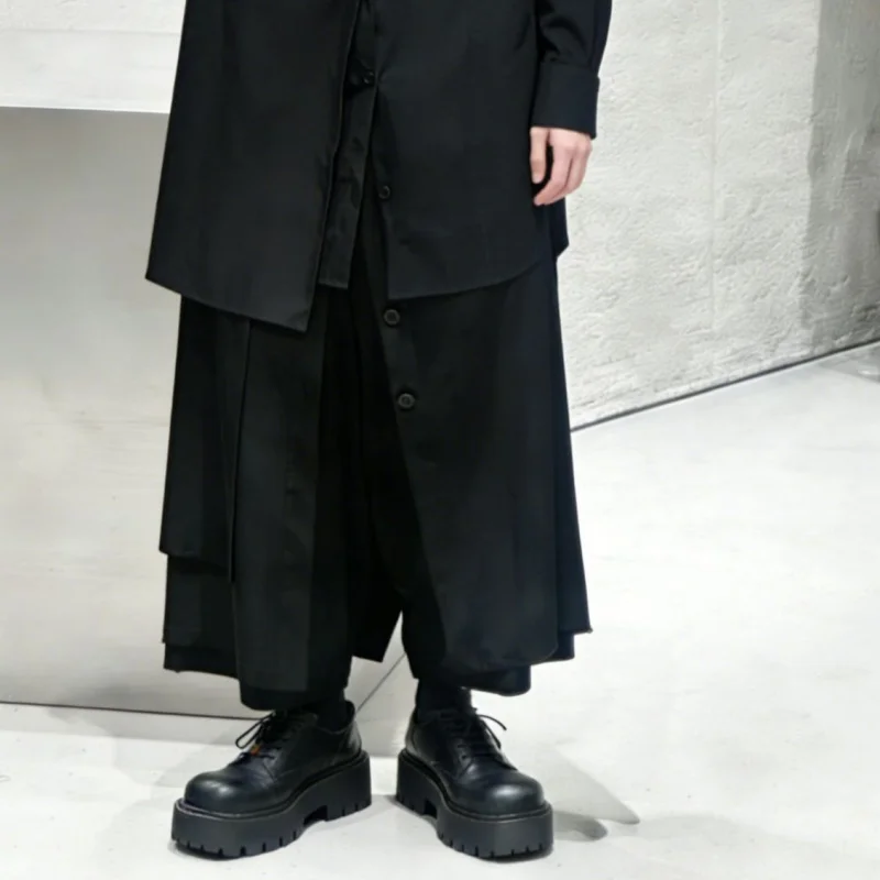 

Men's casual pants, dark-toned irregular wide-leg pants, loose high-waisted design, cropped culottes A12