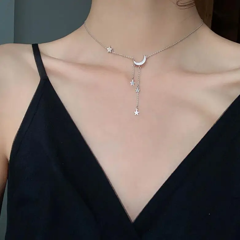 Collier ras du cou clavicule en argent regardé 925 pour femme, pendentif pompon étoile et lune, bijoux doux, véritable INS, S925, DA1743