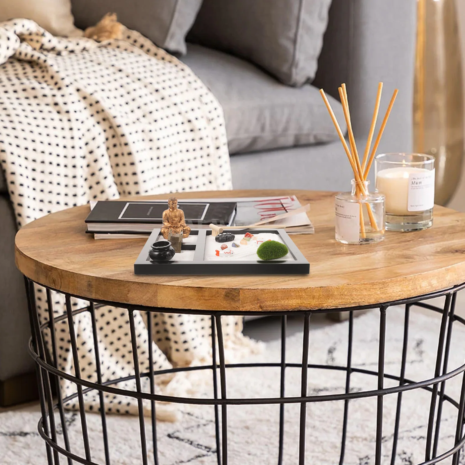 Kit Taman Zen Ornamen Meja Pasir Kayu untuk Dekorasi Kotak Pasir Meja Alat Seni Meditasi Dekorasi Rumah Kantor Lanskap Dekoratif