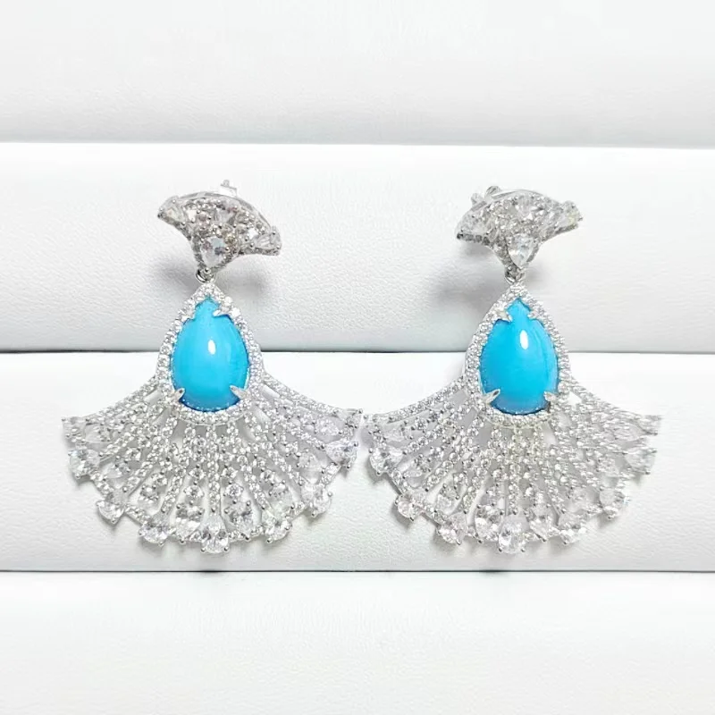 ZOCA Vintage Irregular Shape Blue Stone Earrings Ethnic Sterling Silver Fan-shaped Dangle Earrings Women