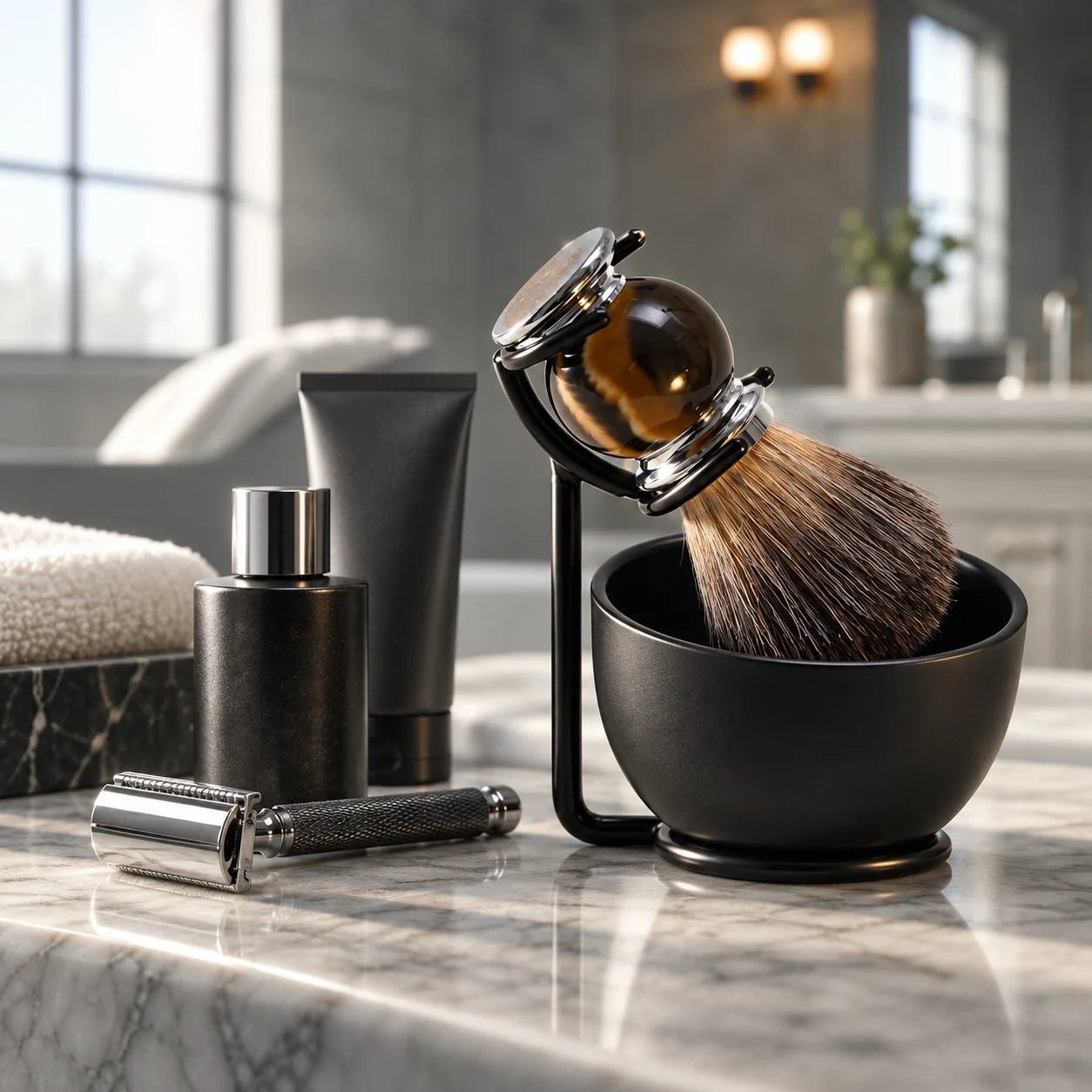 Men's Handmade Badger Hair Shaving Brush Set with Bowl and Stand Vintage Wet Shaving Kit for Daily Grooming Husband Father Gift
