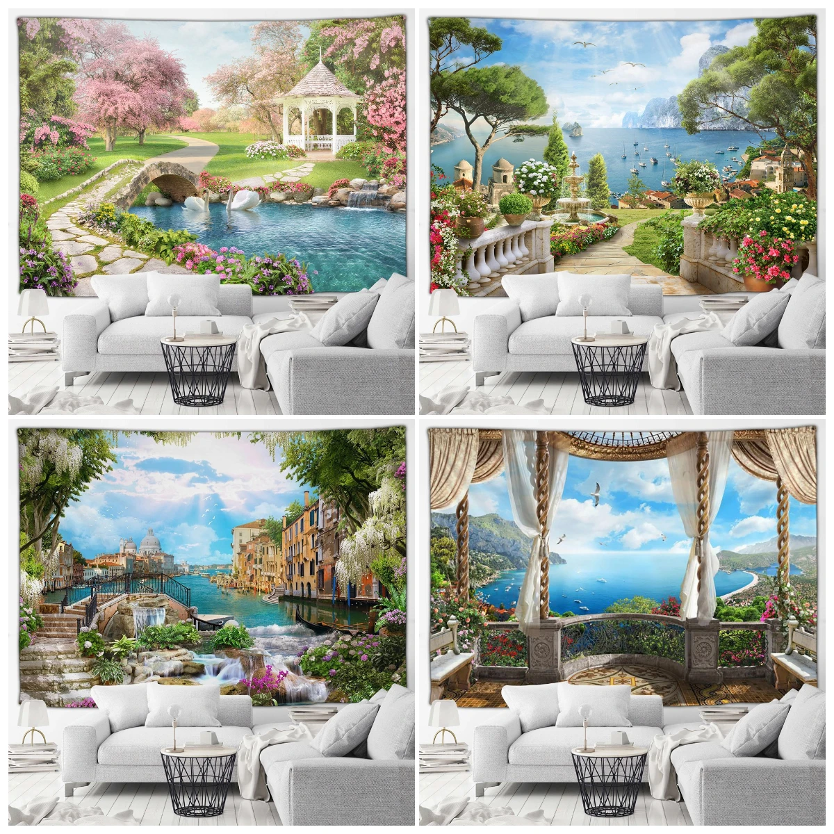 Italy Seaside Town Landscape Tapestry Pink Flowers Lake Swan European Style Scenery Garden Wall Hanging Home Living Room Decor