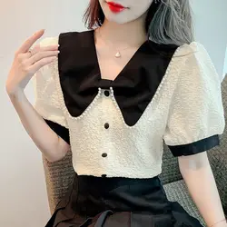 2024 Summer Women's Clothing Fashion Puff Sleeve Chiffon Short Sleeve Shirt Hot Selling Item Dingzhu Contrast Color Bow Tops