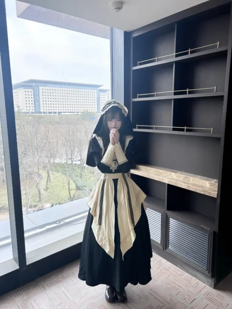 

W ng Nun's Habit Maid Косплей Хэллоуин Женская одежда Юбка Лолиты Дышащий полиэстер Длинный костюм свека для взрослых