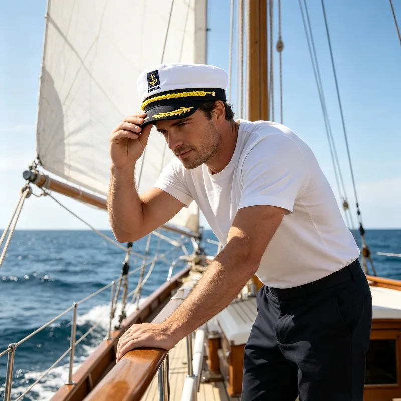 Solid Color Dome Sailor Captain Hat with Rolled Brim for Waterman Style