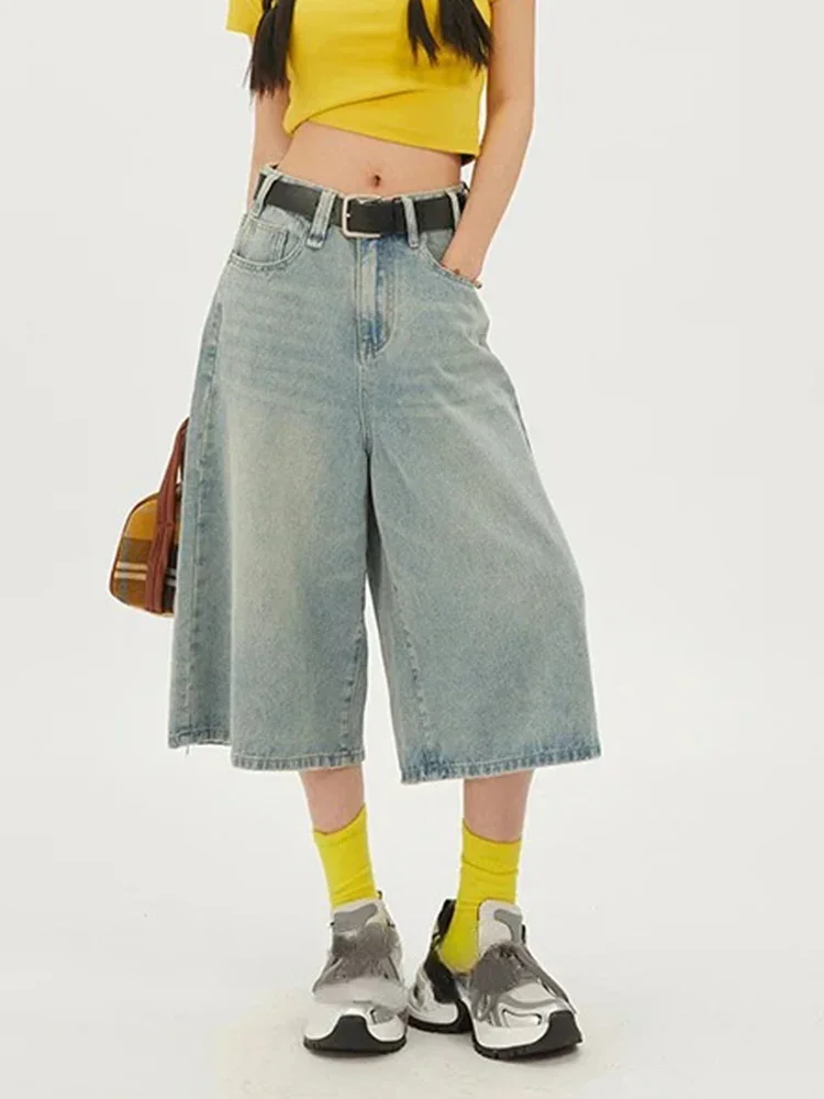 Korean Streetwear High Waisted Versatile Women's Straight Cropped Shorts Summer New American Retro Loose Women Wide Leg Jeans