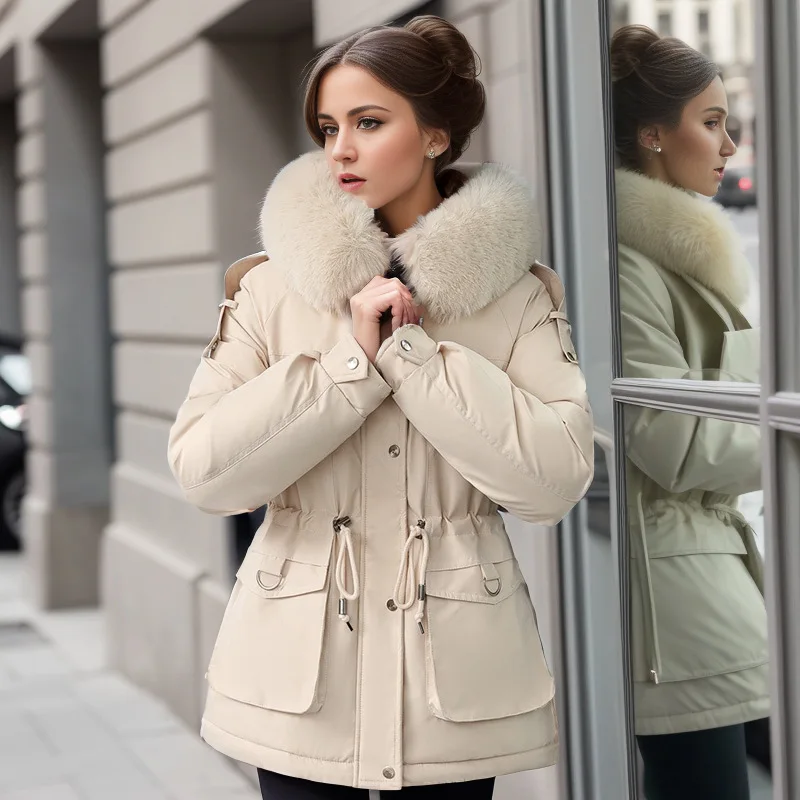 Chaqueta de algodón de felpa gruesa para mujer, abrigo corto ajustado con cuello grande, invierno, 2023