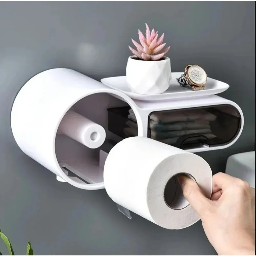 

Wall Mounted Toilet Paper Storage Box Waterproof Plastic Material Bathroom Paper Holder Free Punching Phone Holder