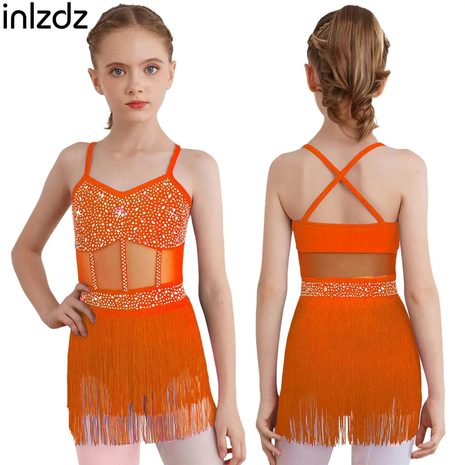 

Kid Girl Latin Tango Dance Performance Costume Rhinestone Mesh Tassel Leotard Dress Ballet Gymnastics Leotard Bodysuit Dancewear