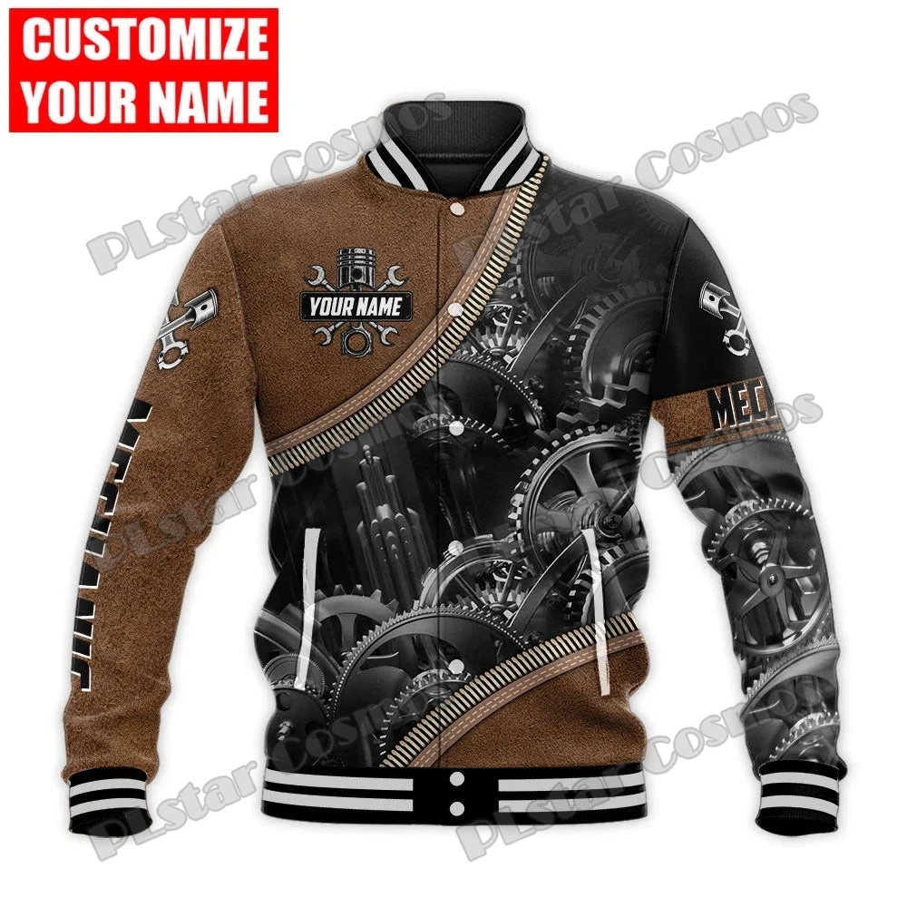 Jaqueta masculina de beisebol Varsity, nome personalizado, padrão mecânico, impresso em 3D, unisex, casual, inverno, moda, BQF06