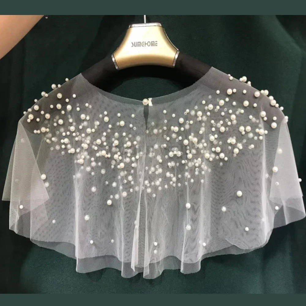 

Pearls Tulle Wedding Wrap Short Prom Party Shawl BOLERO Bridal Cape Elegant Wedding jacket