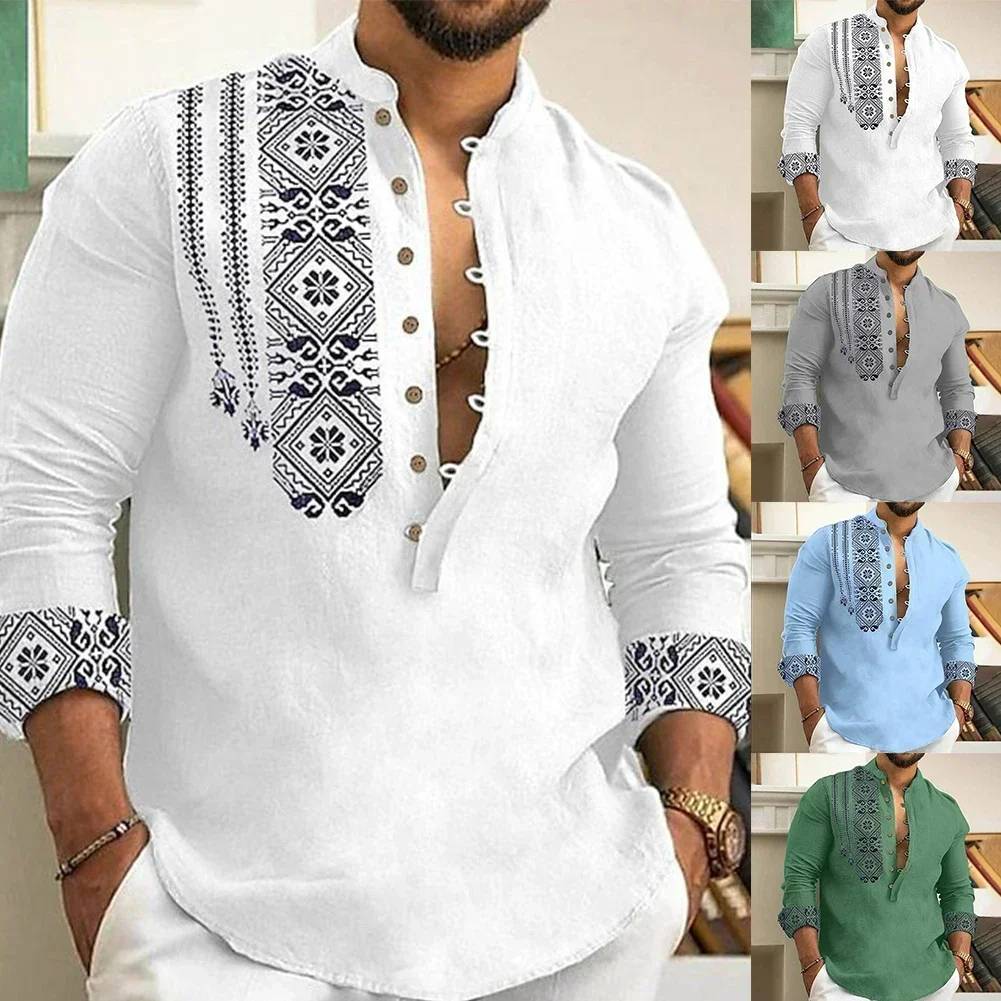 Stylish Men\'s Long Sleeve T Shirts, Loose Henley V Neck Beach Tops, Button Down Shirt Blouse for Summer Fashion