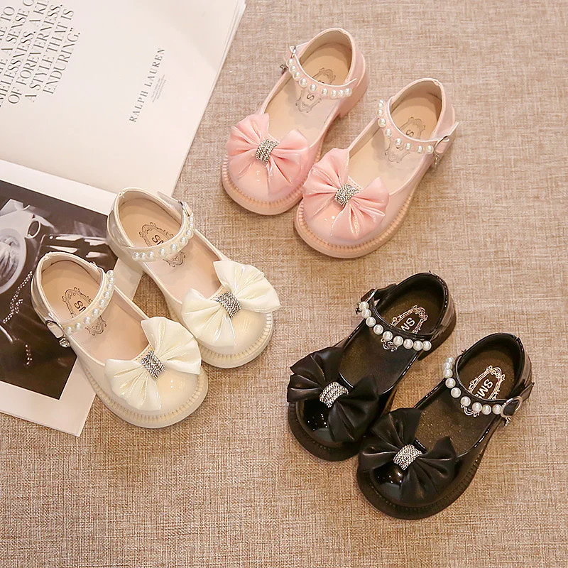 Congme 3-10Yrs Girl Leather Shoes Toddler Kids Korean Style Bow Pearl Flat Shoes Princess Shoes Dress Doll Shoes