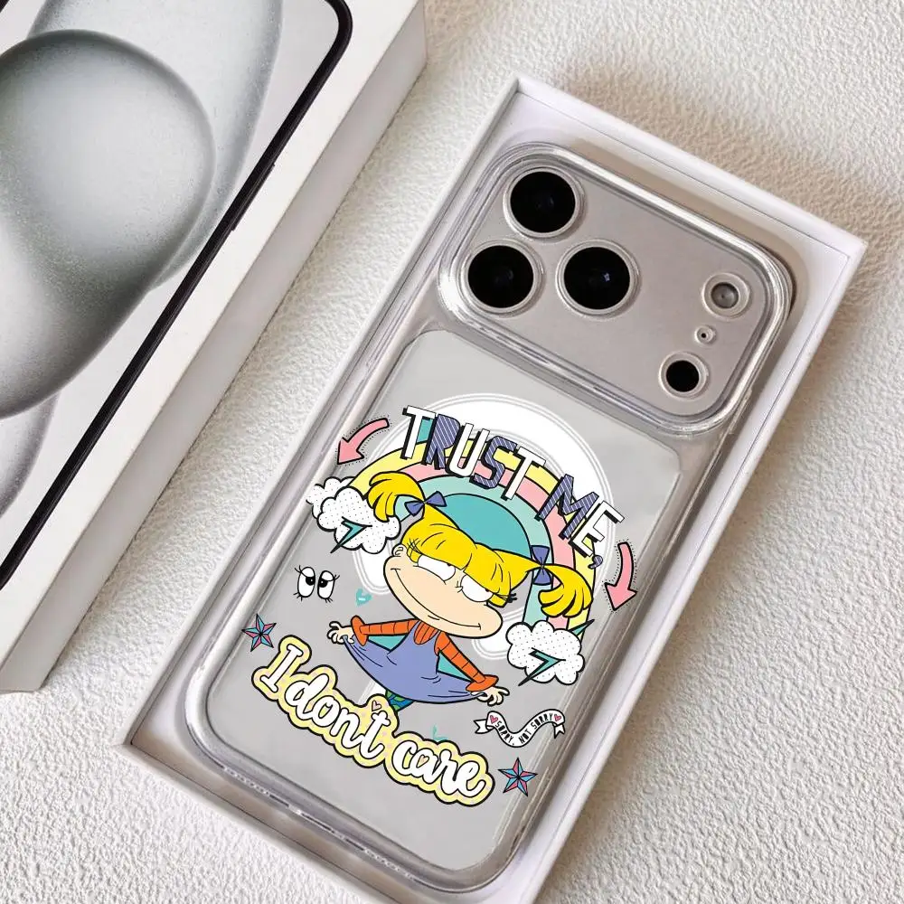 Divertida Funda de Teléfono R-Rugrats Angelica para iPhone 17 16 15 14 13 12 Pro Max Plus con Carcasa Magnética Transparente y Carga Inalámbrica