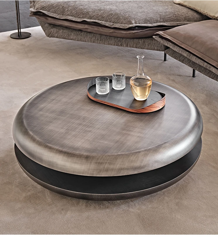 

Light luxury, simple modern living room, stainless steel coffee table, circular mesh red rotating Nordic coffee table