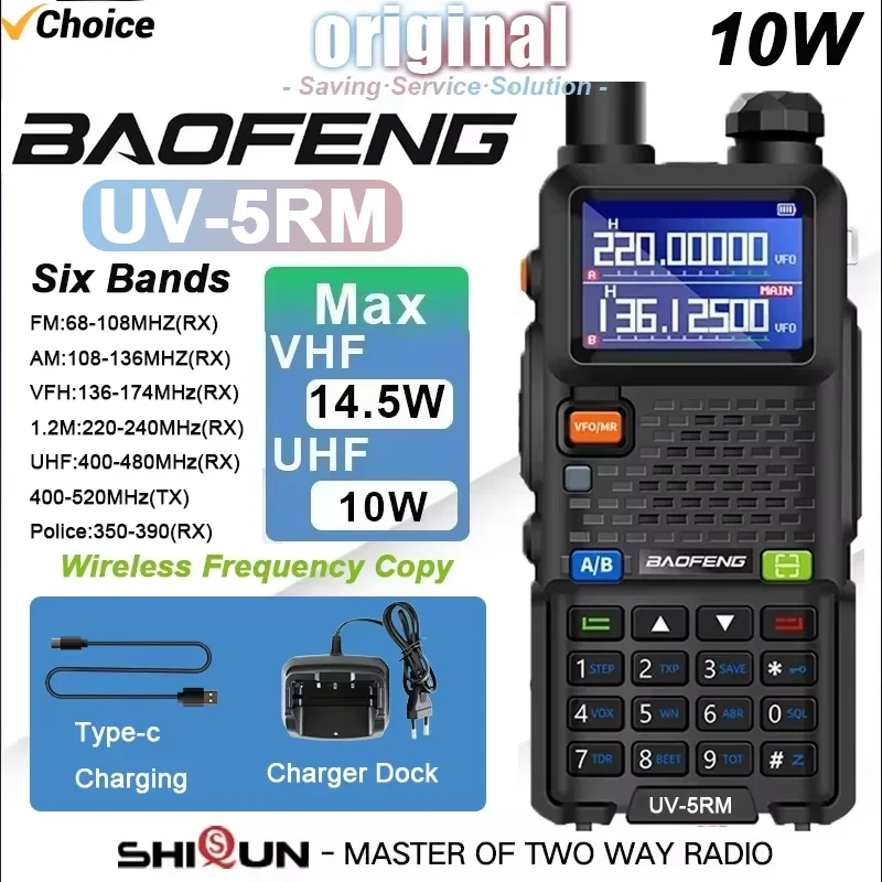 Baofeng UV-5RM Air Band 10W USB C Battery 3800mAh UV5RH Pro Max VHF UHF Six Band 999Ch Frequency Copy FM Radio Am Walkie Talkie