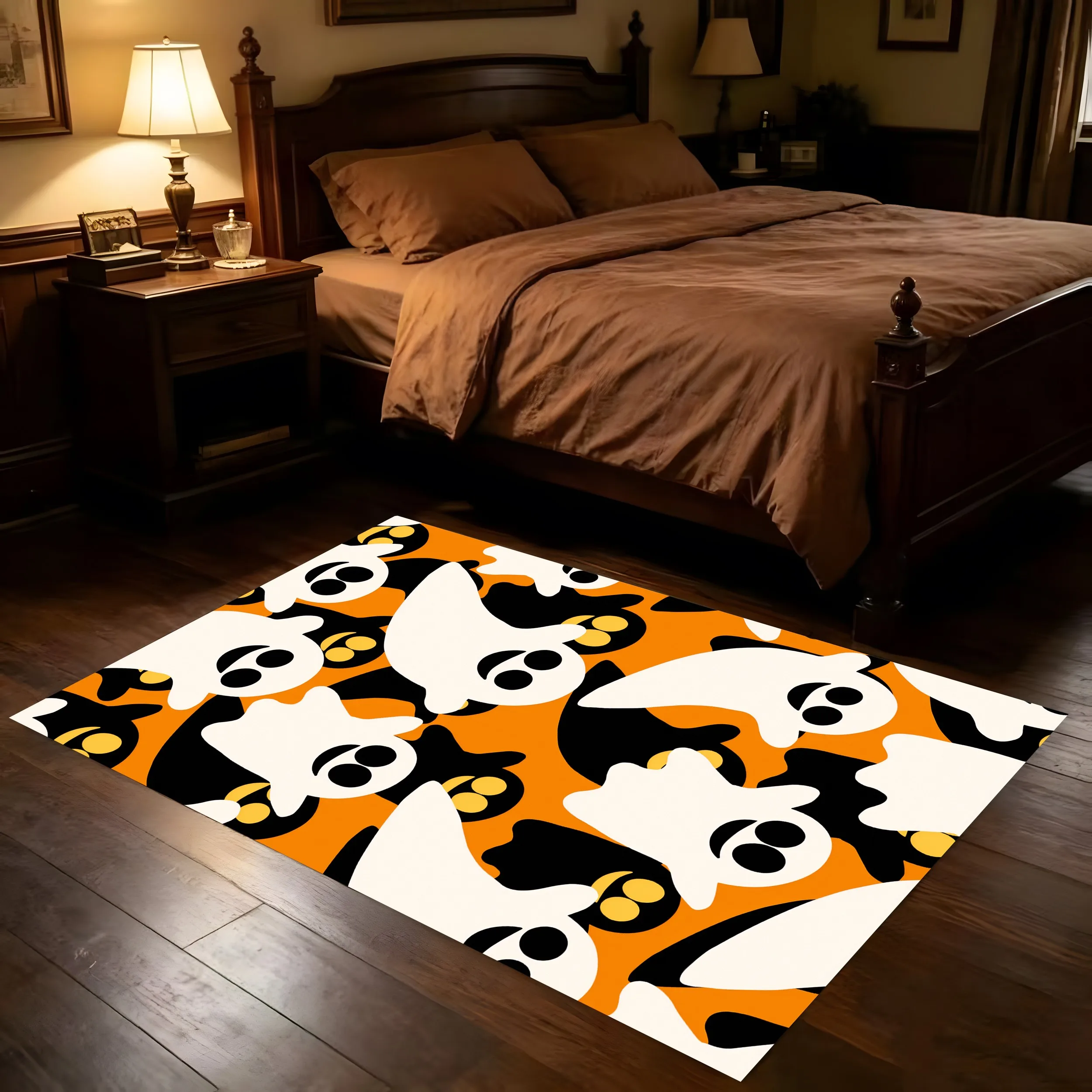 Velvet Cartoon Ghost Black Cat Funny Halloween-Themed 2D Carpet, Suitable for Use in Living Room, Bedroom, and Bedside, Adding to the Festive Atmosphere