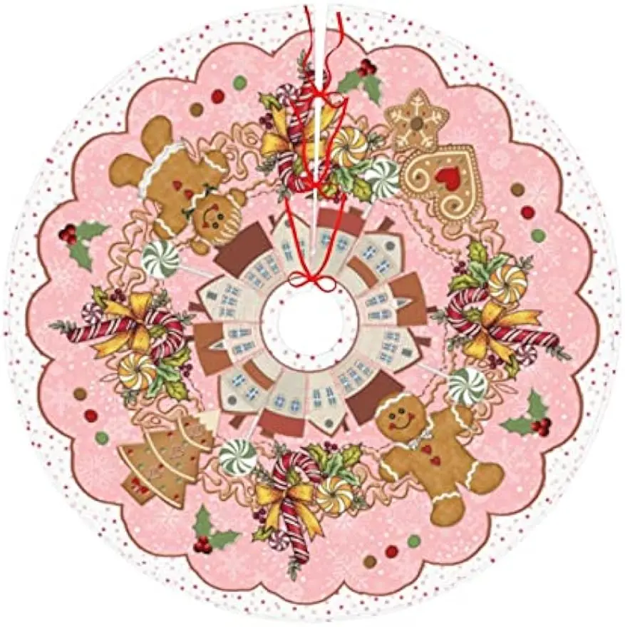 48 Inch Christmas Tree Skirt Gingerbread Christmas Pink Tree Skirt Large Xmax Tree Mat for Holiday Party Home Decoration