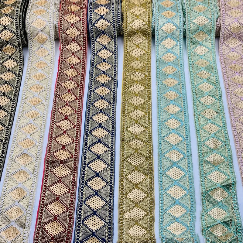 1 Yards Sequin Ribbon Lace Trim Ribbon Fabric Embroidered Trimmings for Sewing Dress Tribal Applique Ethnic