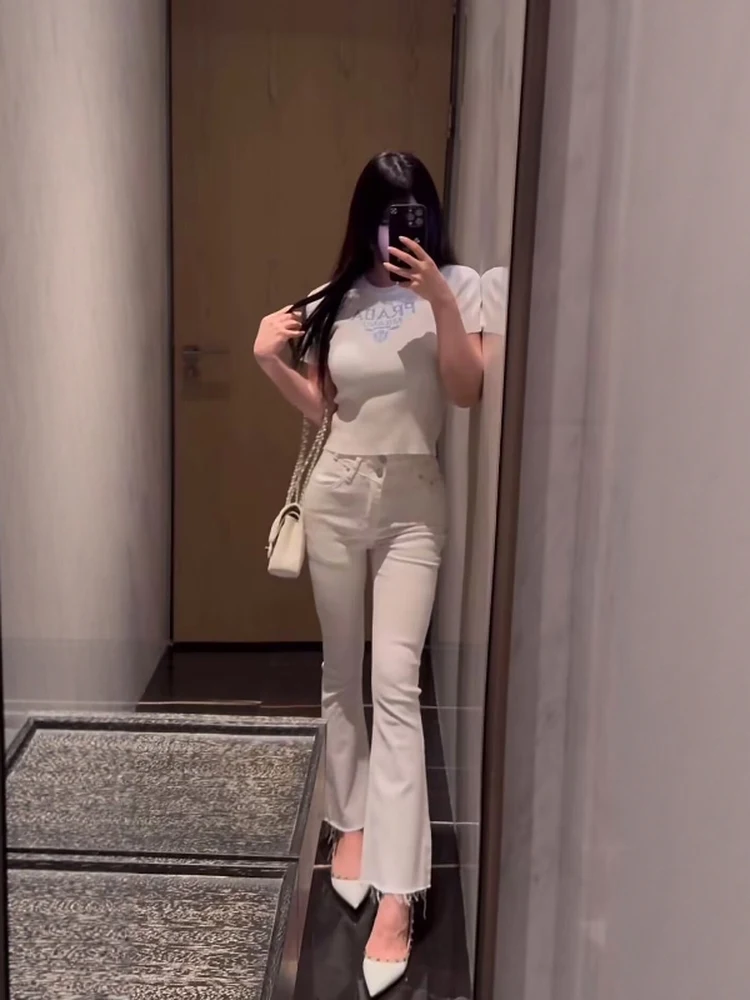 

White Micro Flare Nine Point Jeans Spring Summer New Sle Korean Version Slimming High Waist Cotton Stretch Denim Pants